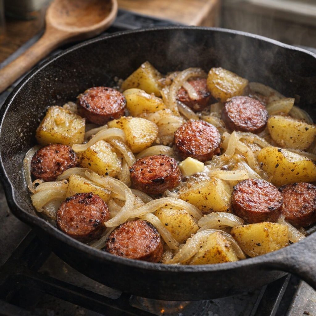 Leftover sausage and potatoes crisping in a skillet