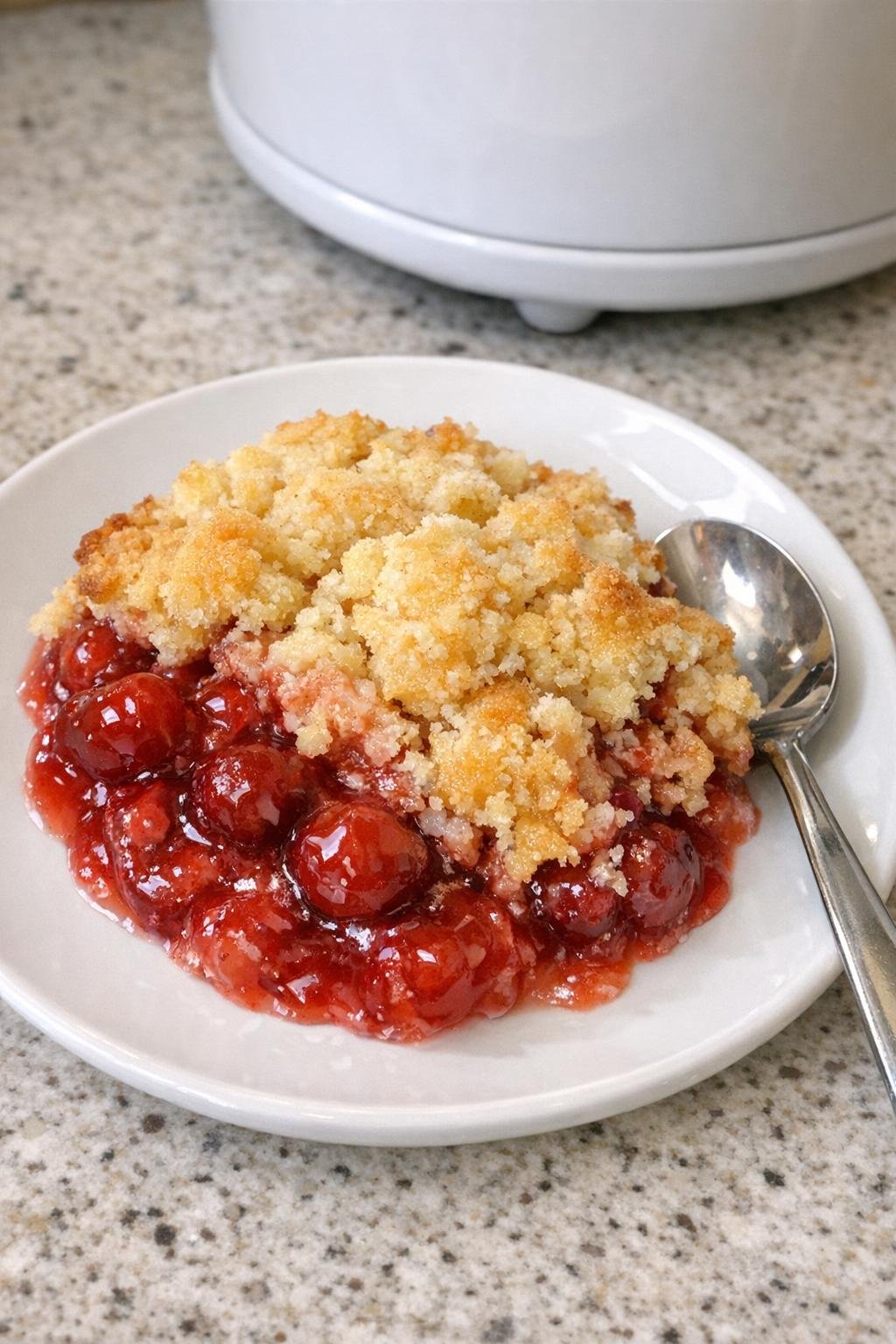 Finished cherry dump cake served warm