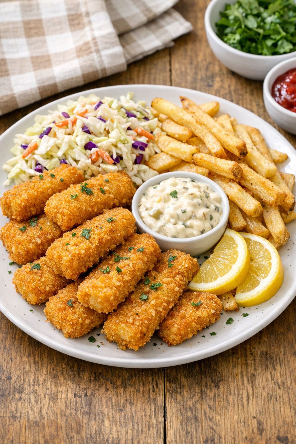 Finished plated slow cooker fish sticks meal