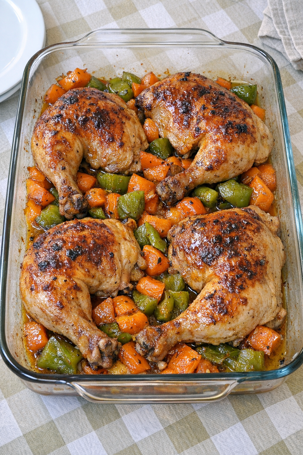 Finished baked chicken quarters in a glass baking dish