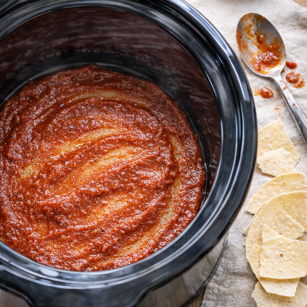Enchilada sauce spread in the bottom of a slow cooker