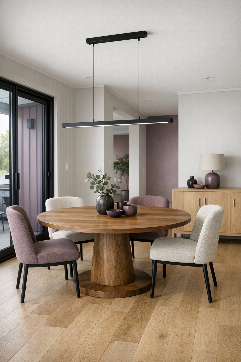 Minimal dining room with a round wood table and supportive upholstered chairs