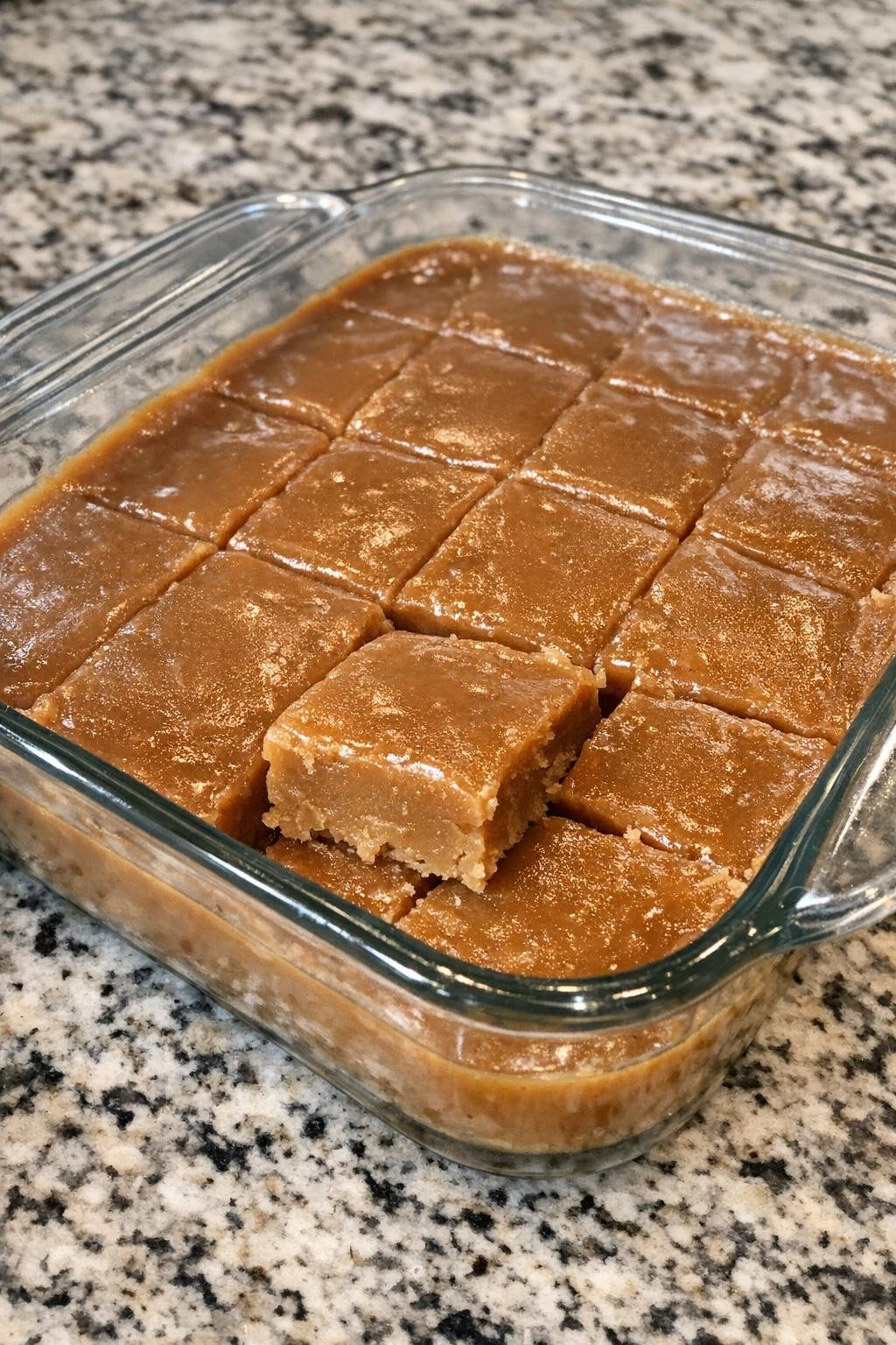 4-ingredient caramel fudge in a glass casserole dish