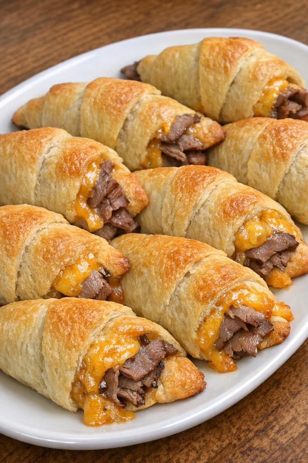 Golden brown crescent roll horns filled with roast beef and smoked cheddar on a white oval platter