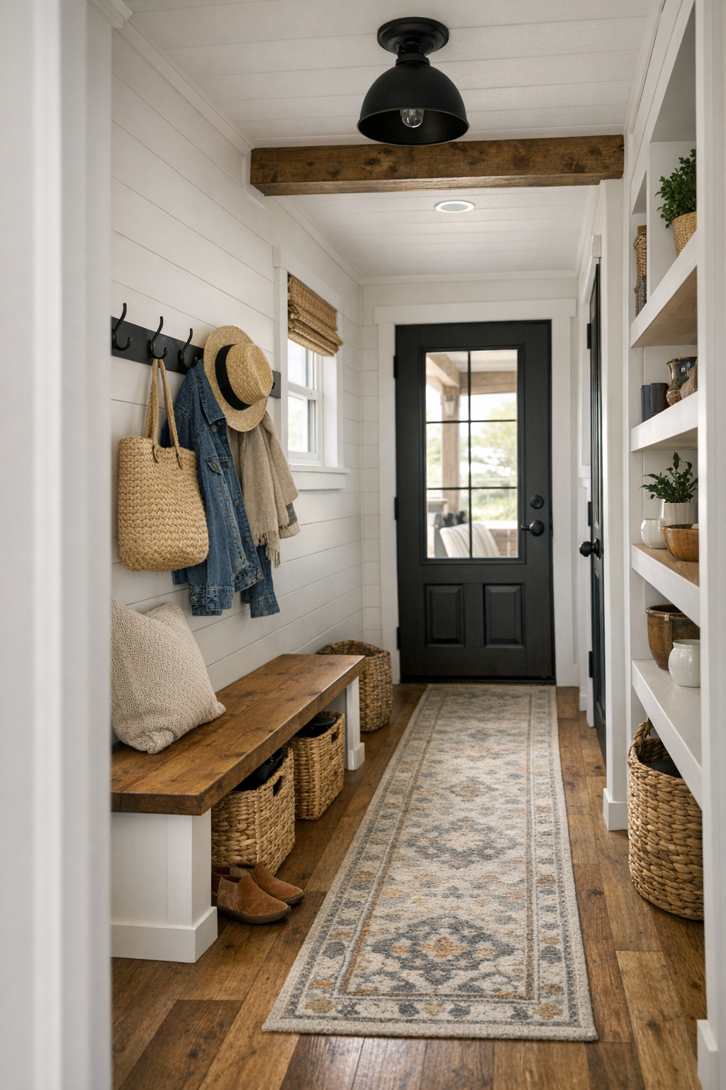 Thoughtful farmhouse entry and hallway area with built-in storage and warm wood details