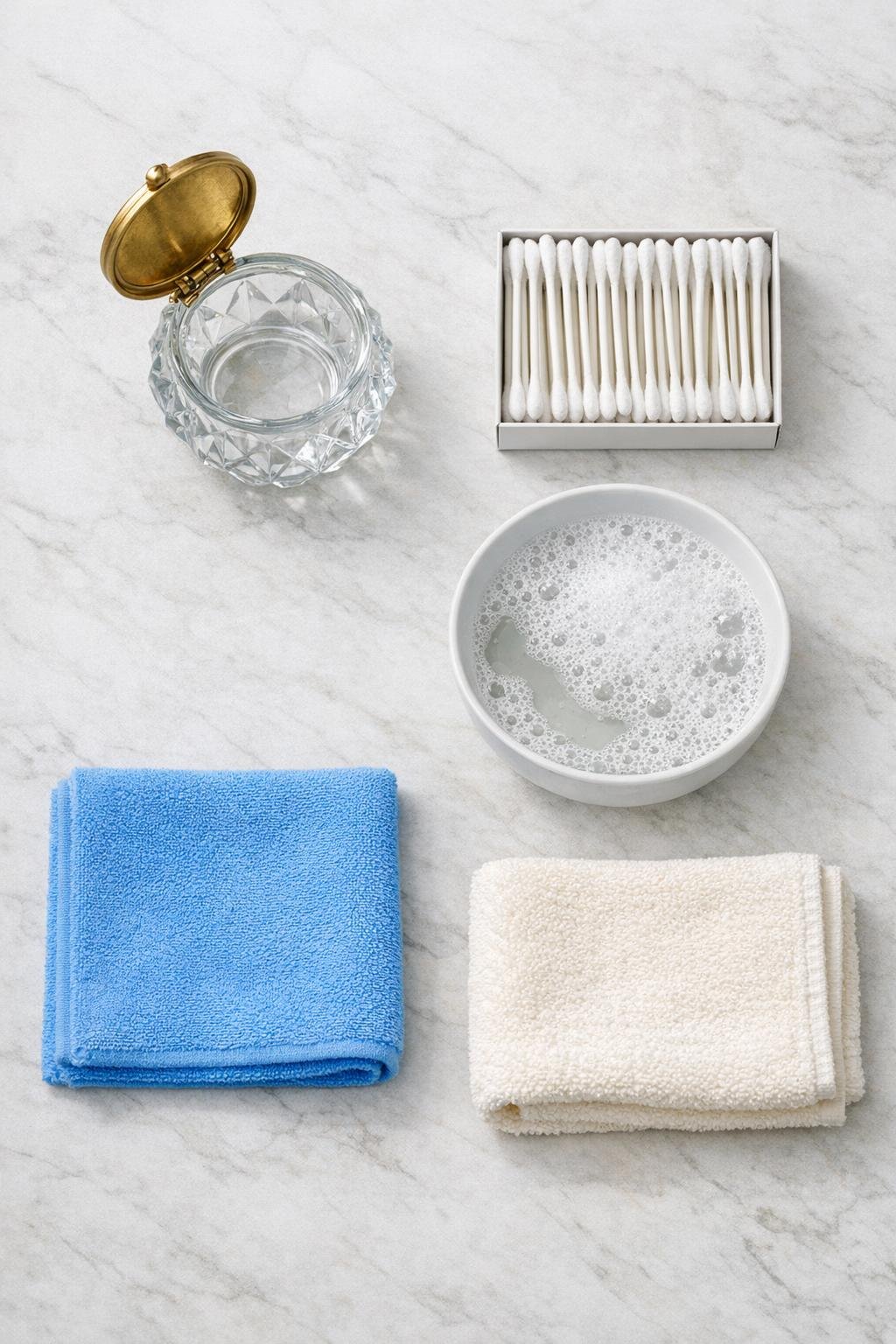 Materials for a glass bowl q-tip dispenser laid out neatly