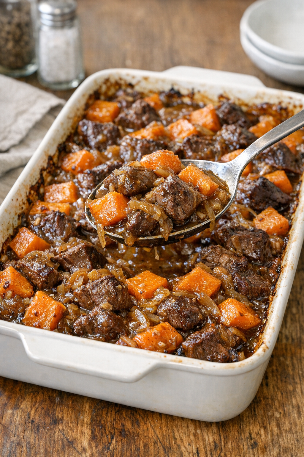 Finished Amish beef and sweet potato casserole in a baking dish