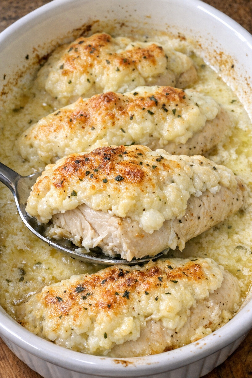 Golden baked chicken breasts with creamy topping in a white casserole dish