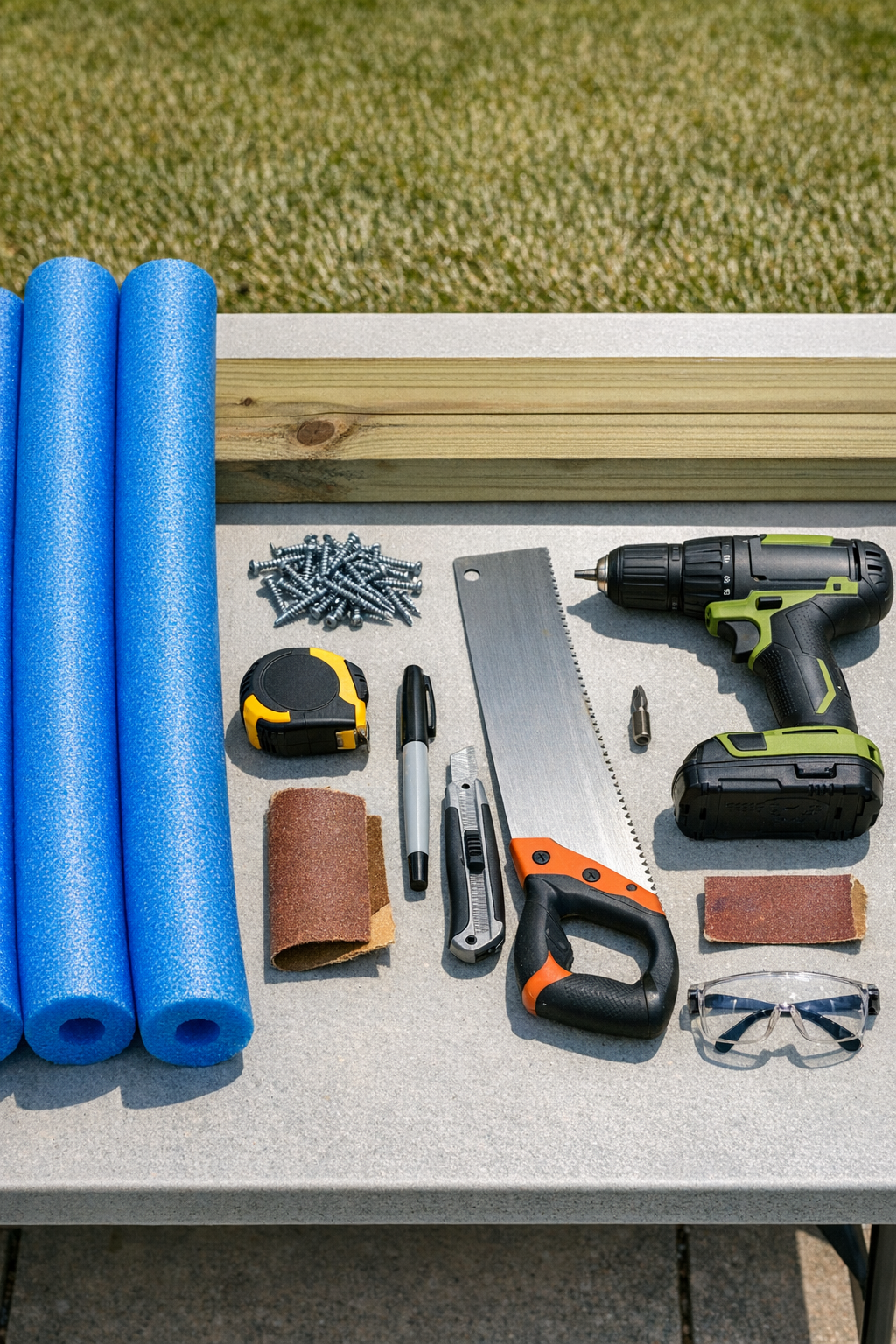 Materials for a pool float organizer laid out on a work surface