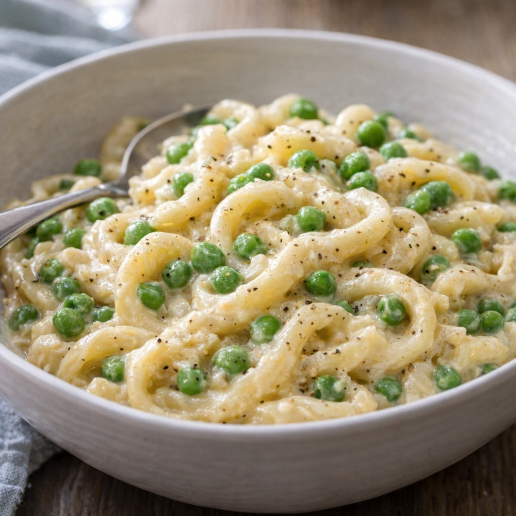 Creamy pasta with peas mixed in