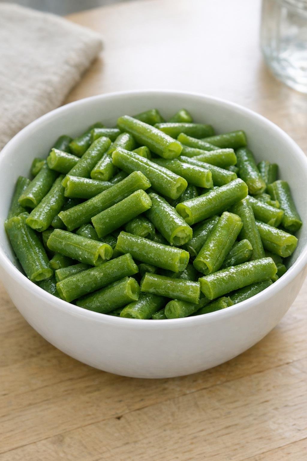 Steamed green beans in a small white bowl on a kitchen table