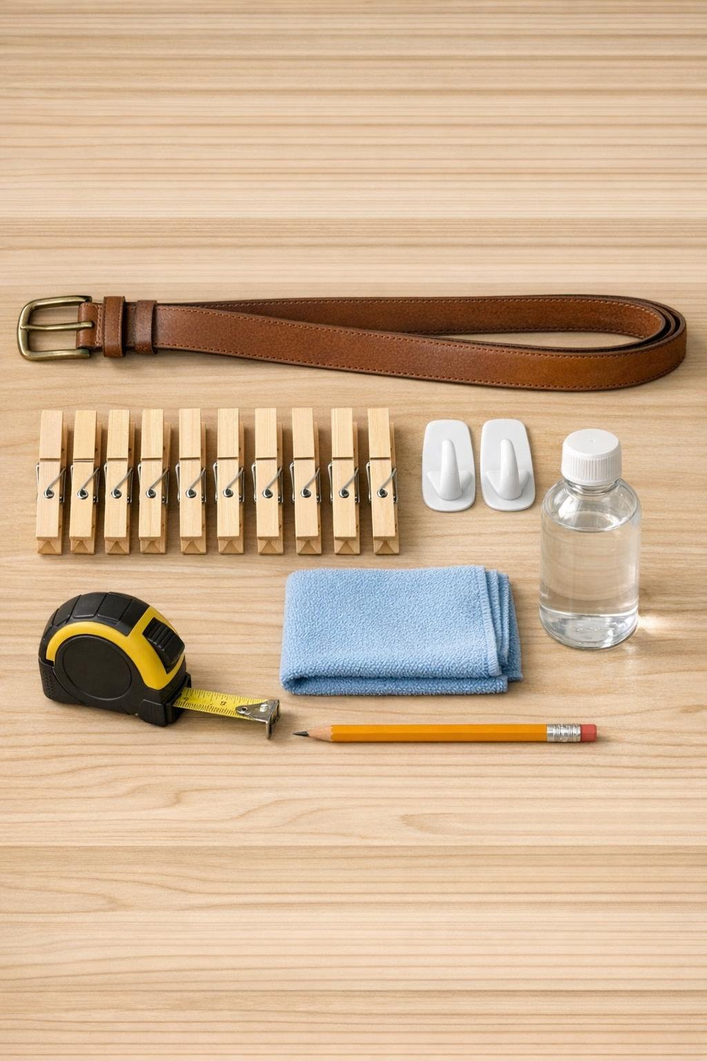 Materials for a belt and clothespin sunglasses holder laid out together