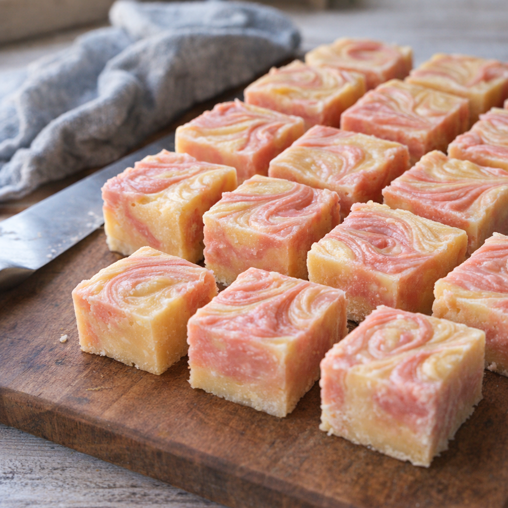 Cut squares of fudge on a cutting board