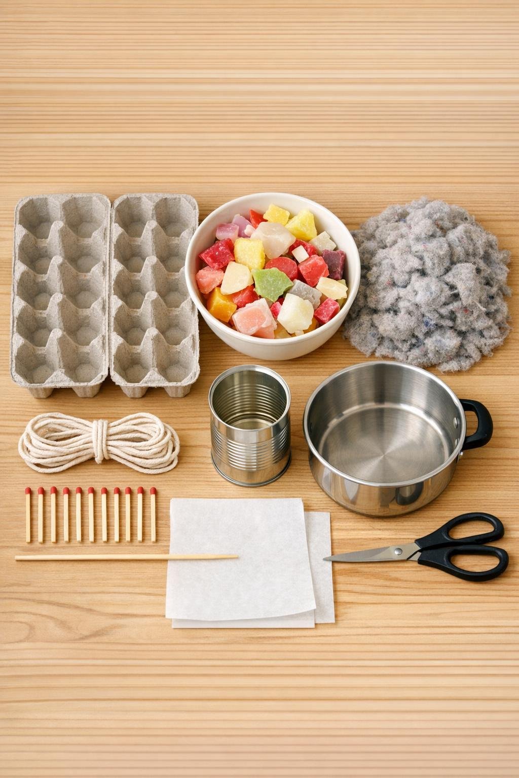 Materials for candle wax fire starters laid out on a table
