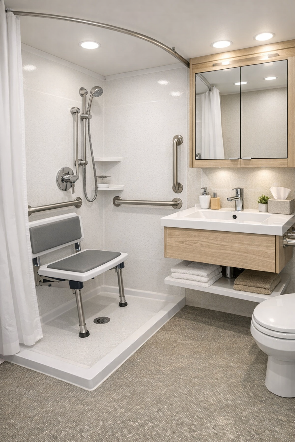 Accessible RV bathroom with roll-in shower and floating vanity