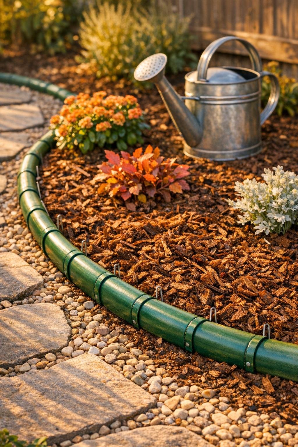Finished fall garden bed with mulch barrier made from split garden hose