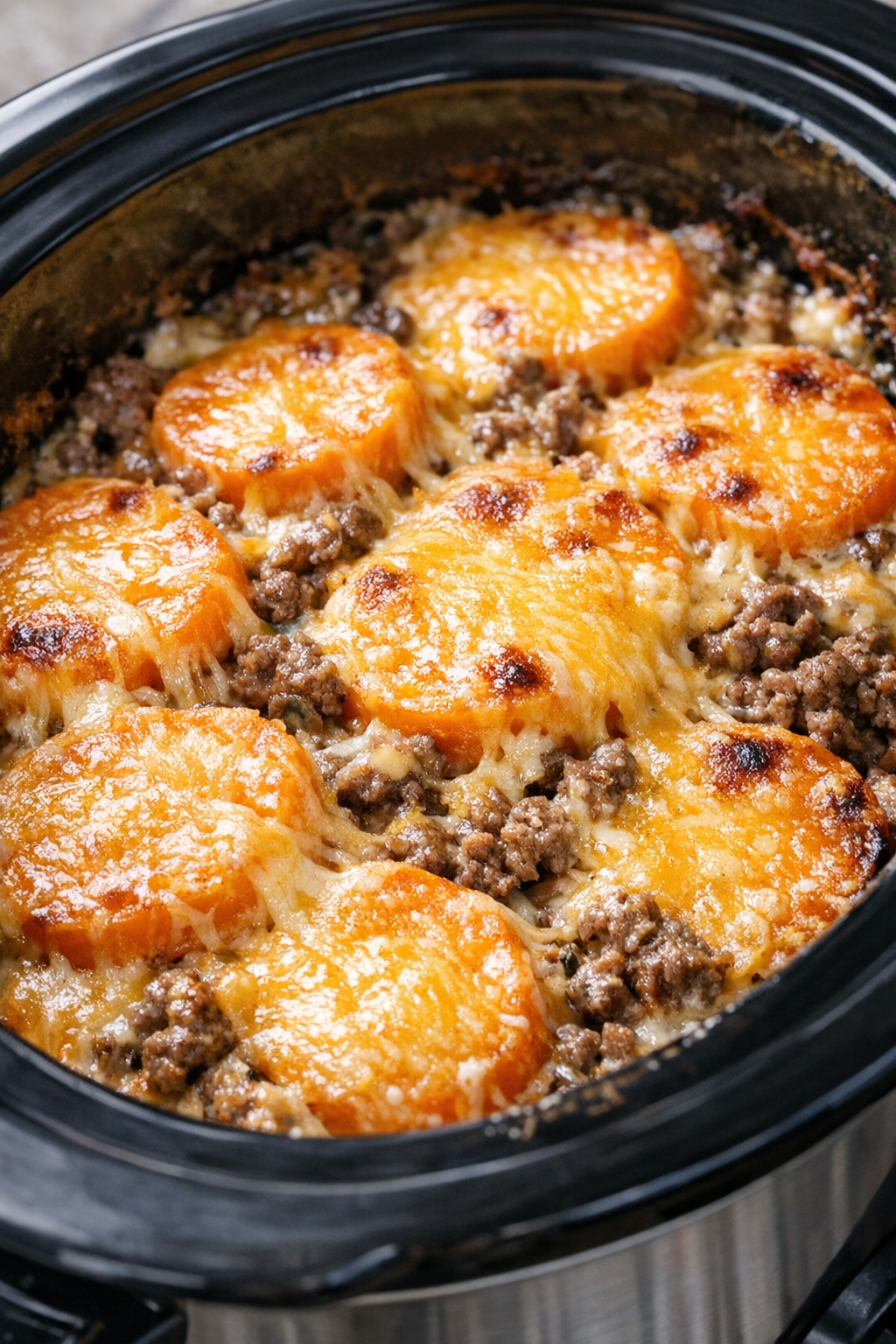 Melted cheddar topping over the finished slow cooker casserole