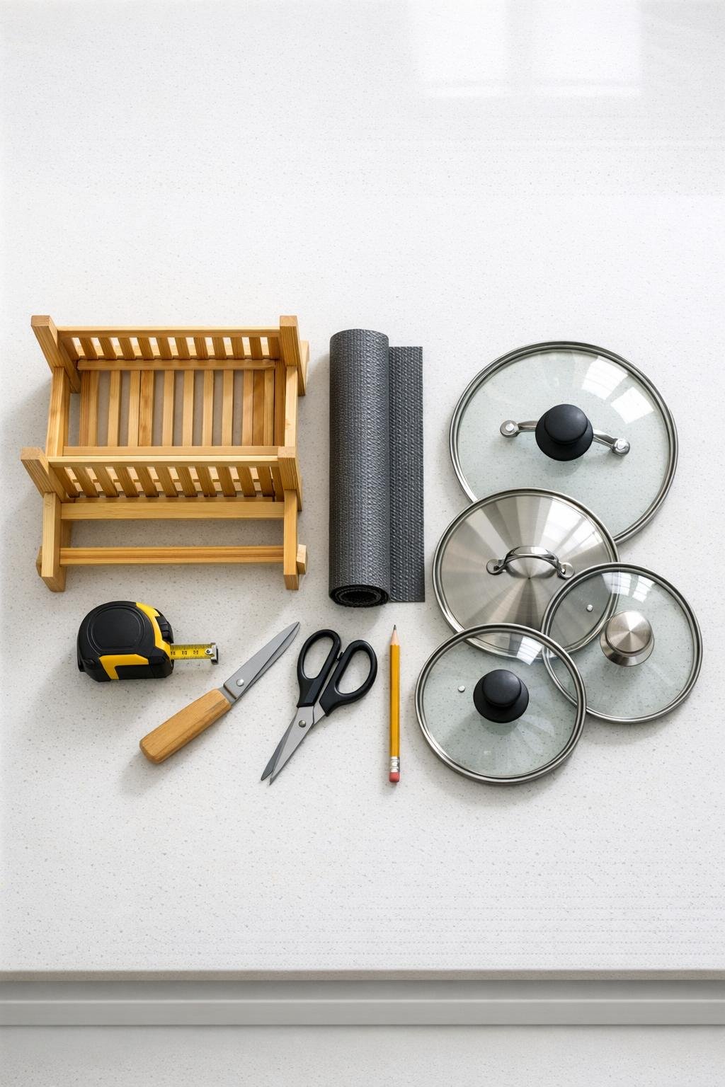 Wooden dish rack, drawer liner, measuring tape, and kitchen lids laid out for the project