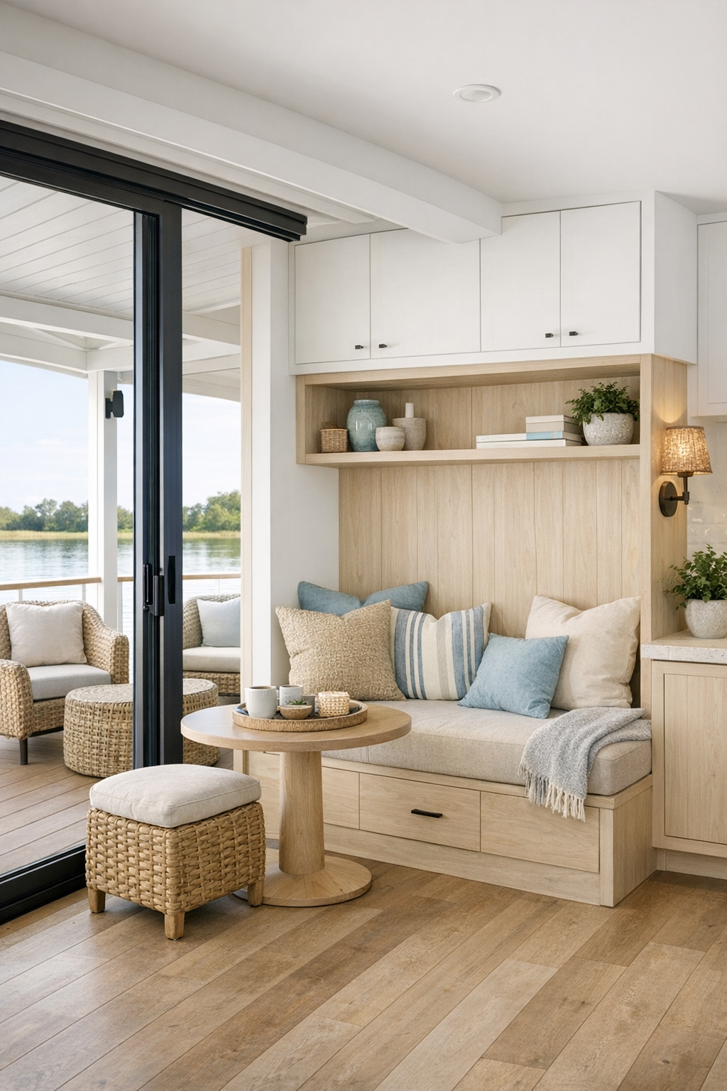 Covered houseboat deck and multipurpose nook with seamless coastal design