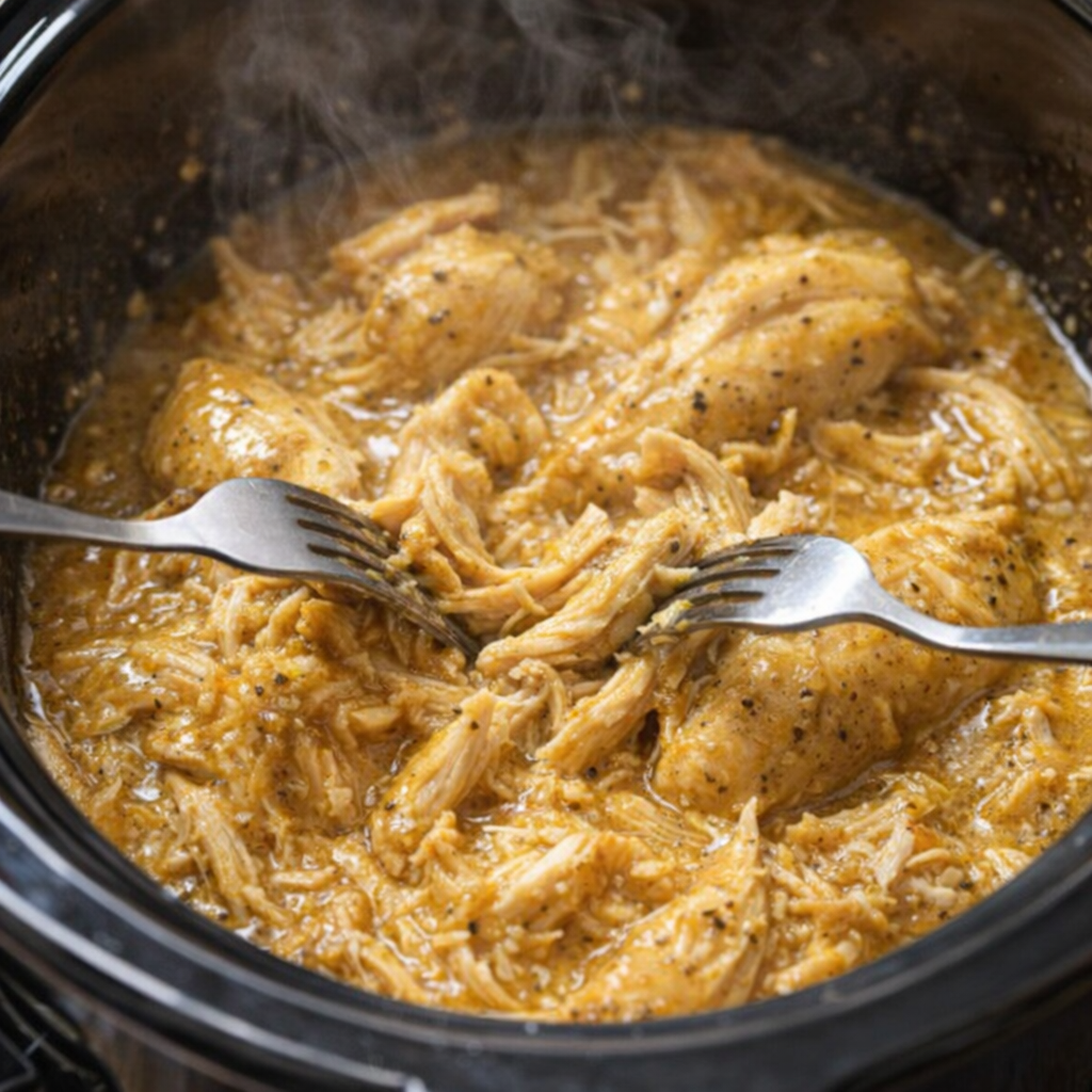 Cooked honey mustard chicken being shredded in the slow cooker