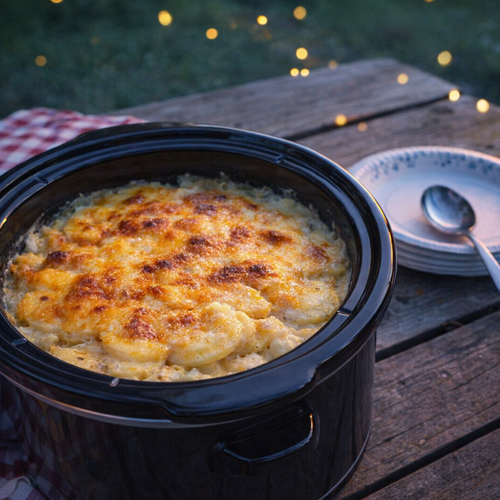 Slow cooker scalloped potatoes on a picnic table at dusk