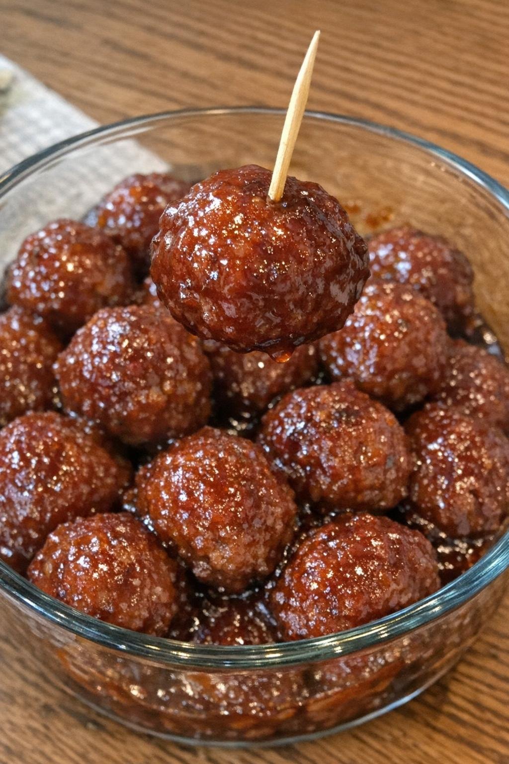 3-ingredient meatball stratton bites in a glass serving bowl