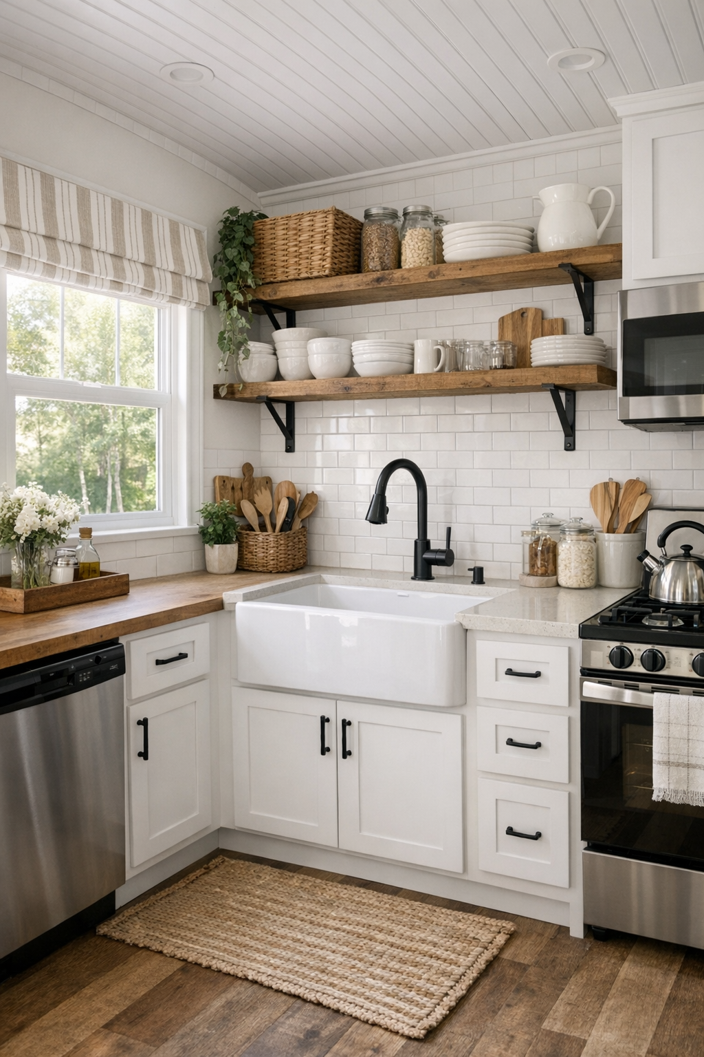 Farmhouse RV kitchen with white shaker cabinets and apron-front sink