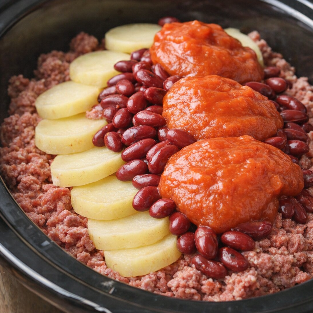 Layered casserole ingredients inside the slow cooker before cooking