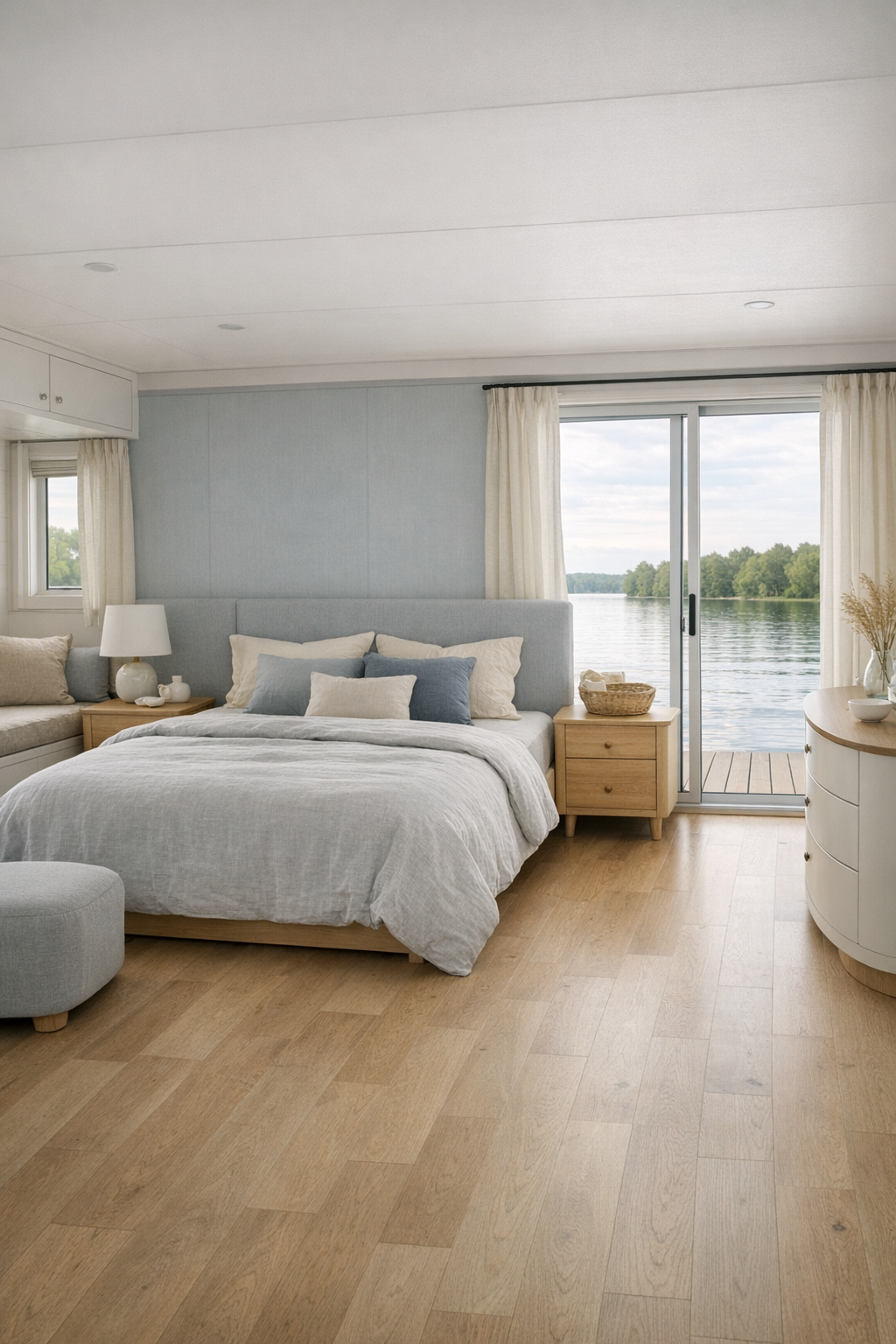 Serene bedroom with linen bedding, pale wood furniture, and soft lake cottage colors