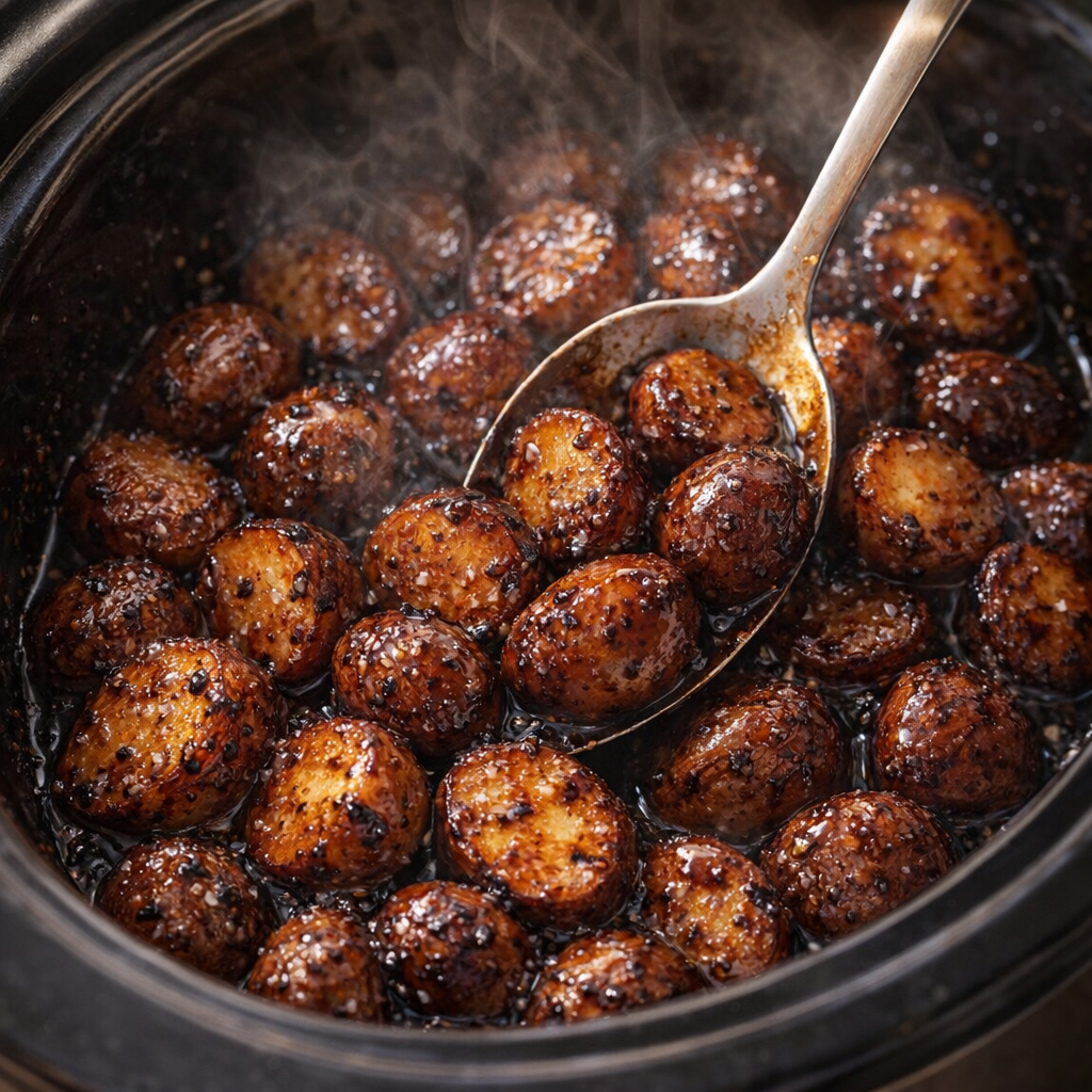 Cooked balsamic potatoes glistening in the slow cooker