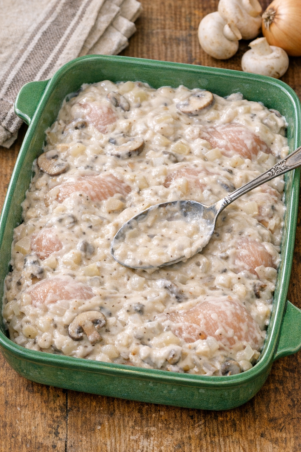 Creamy mushroom mixture spread over chicken in the casserole dish