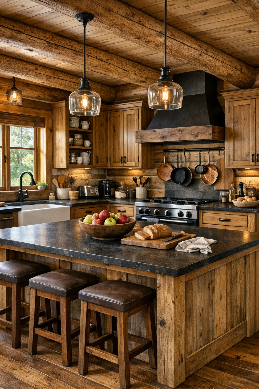 Amish-crafted rustic kitchen with wood cabinetry, farmhouse sink, dark countertops, and central island