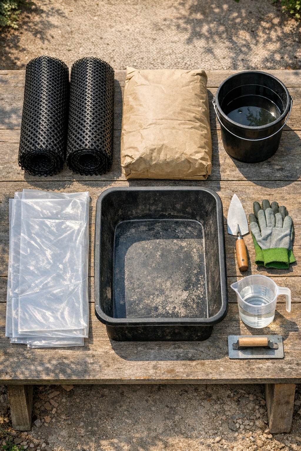 Materials laid out for two curved cement outdoor forms