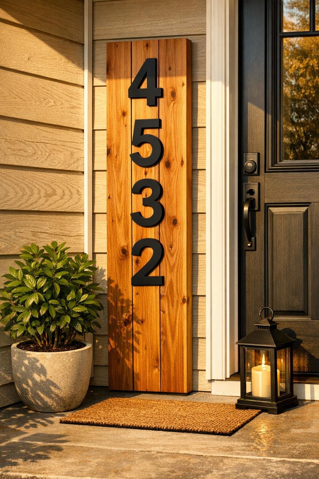 Finished cedar porch address sign with black house numbers
