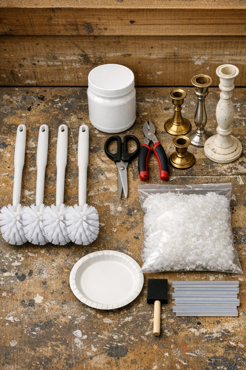 Materials laid out for painted toilet brush holiday trees