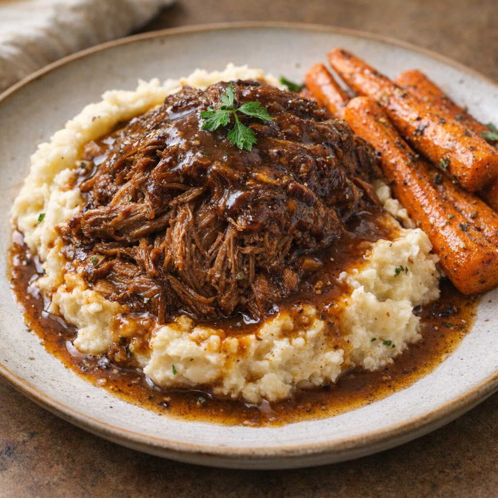 Slow cooker beef roast plated with mashed potatoes and gravy