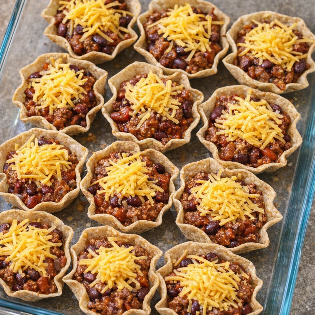 Unbaked chili scoops topped with shredded cheddar before going into the oven
