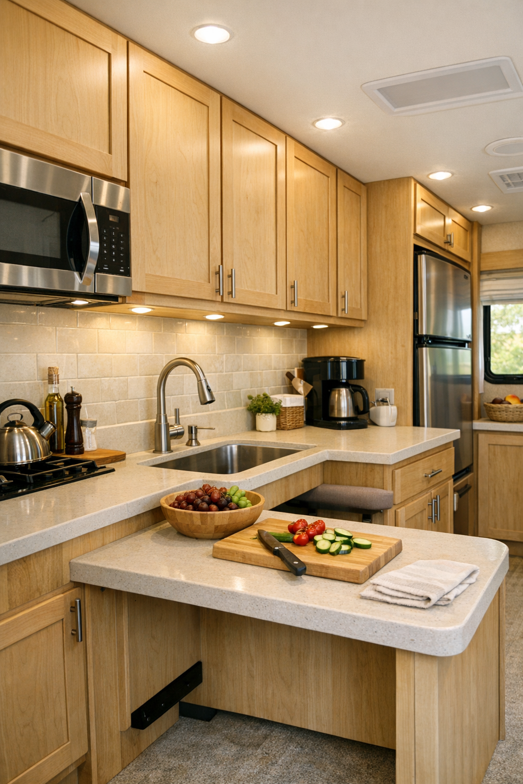 Accessible RV kitchen with maple cabinets, pale counters, and cream tile backsplash