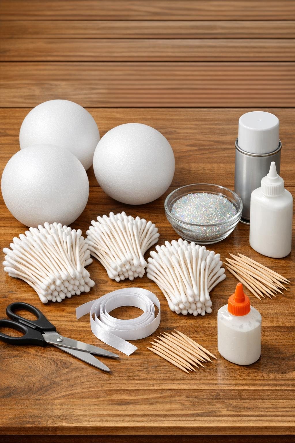 Materials for giant snowball ornaments laid out on a table