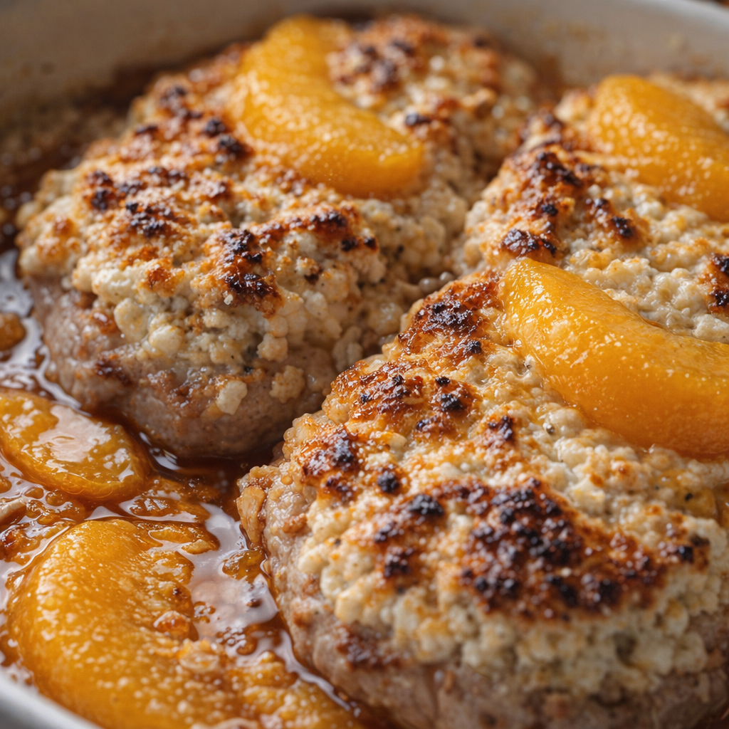 Golden cottage cheese crust on top of the baked pork