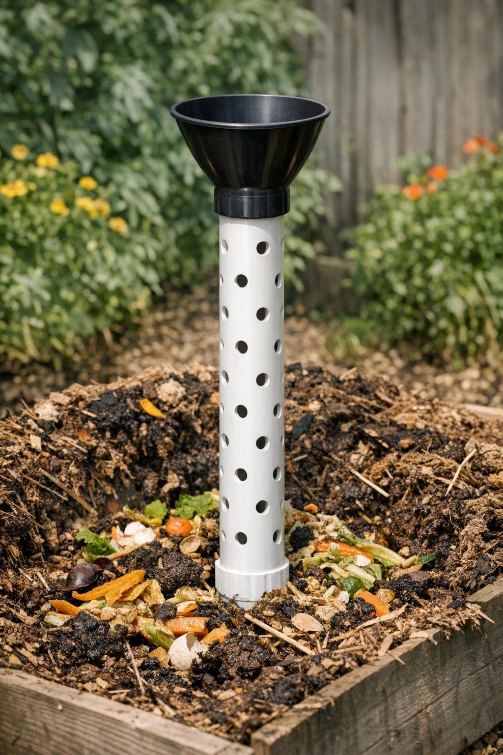 Finished PVC compost aeration tower installed in a compost pile