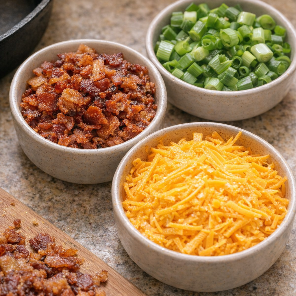 Crisp bacon and shredded cheddar prepared for topping