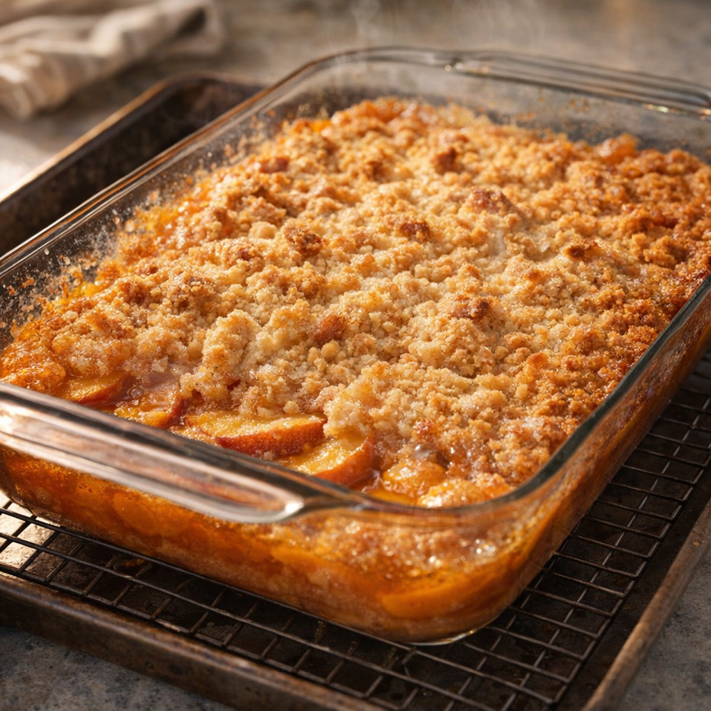 Freshly baked peach dessert cooling after baking