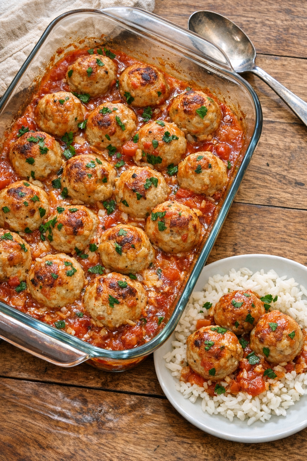 Finished chicken meatballs baked in sauce in a glass casserole dish