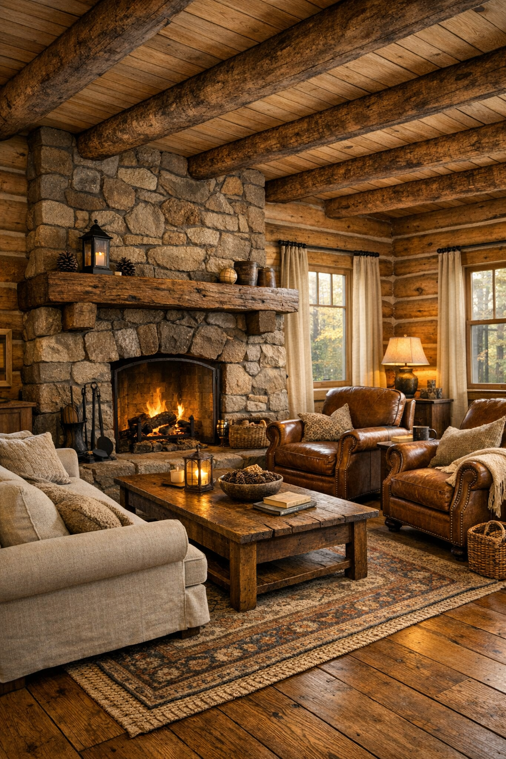 Living room with pine log walls, a stone fireplace, exposed beams, and warm rustic furnishings