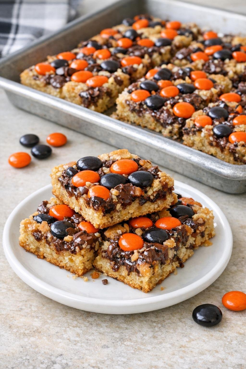 Finished candy-coated chocolate dessert bars on a plate
