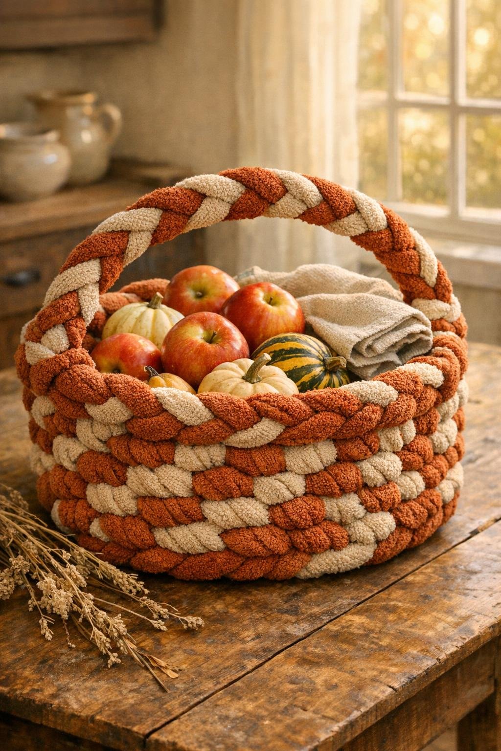 Finished braided towel harvest basket styled on a farmhouse table