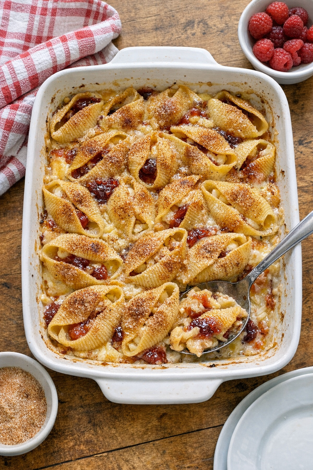 Finished baked dessert pasta shells in a ceramic baking dish