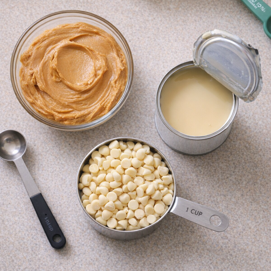 Ingredients for peanut butter fudge arranged on a countertop
