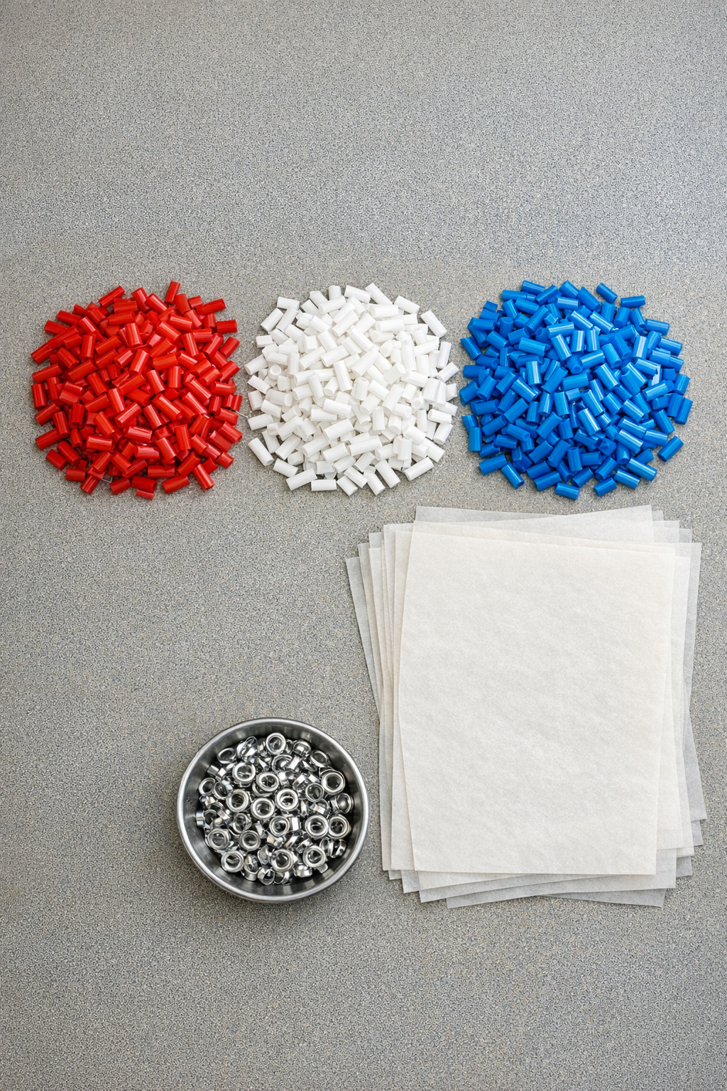 Red, white, and blue plastic straws, parchment paper, and metal grommets laid out for the project